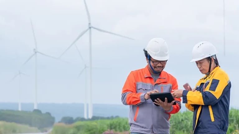 Two engineers standing in front of wind turbines