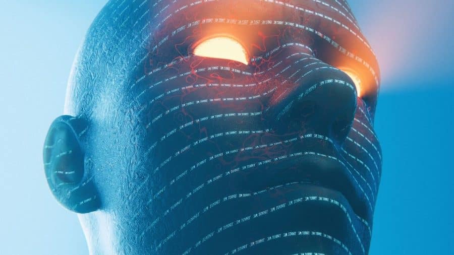 Futuristic humanoid with glowing features. This represents the AI usage statistics showing Americans use AI more than ever but trust it less.