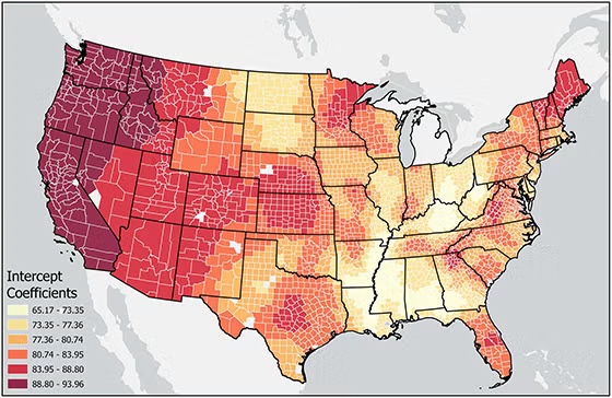 This map shows that breastfeeding rates still vary widely across the United States. Darker colors mark counties where breastfeeding initiation is higher than expected; lighter colors mark counties where it's lower. (Image/Tony Grubesic et al.)