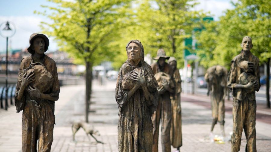 Bronze sculptures depicting Ireland's Great Famine along Dublin's city streets.