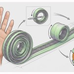 Illustration comparing a human hand with the BioflexBot, a coiled fabric and spring gripper shown pinching a pen, extended into a long arc, and wrapped around an orange.