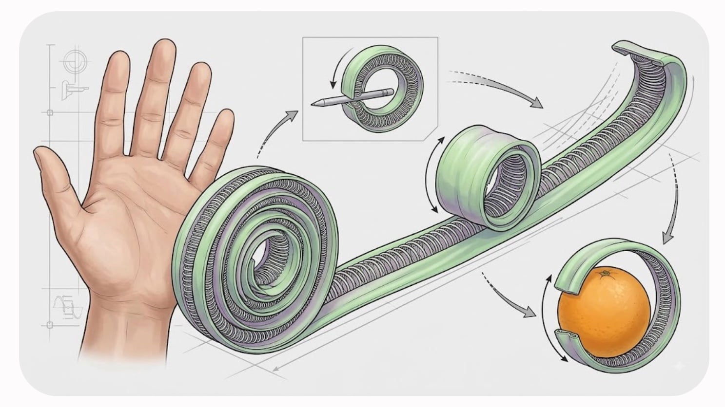 Illustration comparing a human hand with the BioflexBot, a coiled fabric and spring gripper shown pinching a pen, extended into a long arc, and wrapped around an orange.