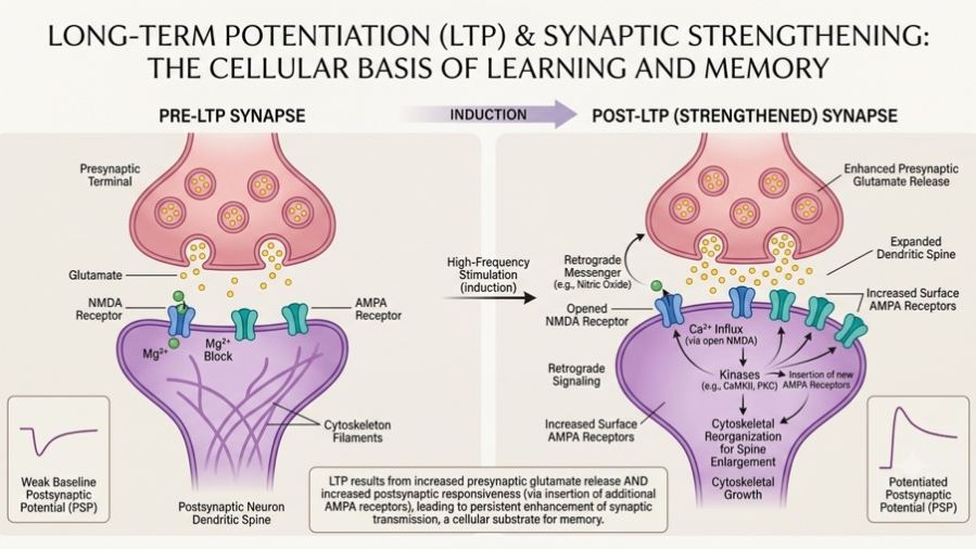 Diagram showing a synapse strengthening through long-term potentiation, the cellular basis of learning and memory.