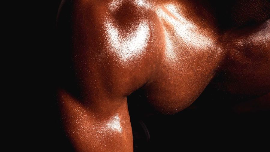Close-up of a well-defined muscular arm, highlighting fitness and strength in low light.