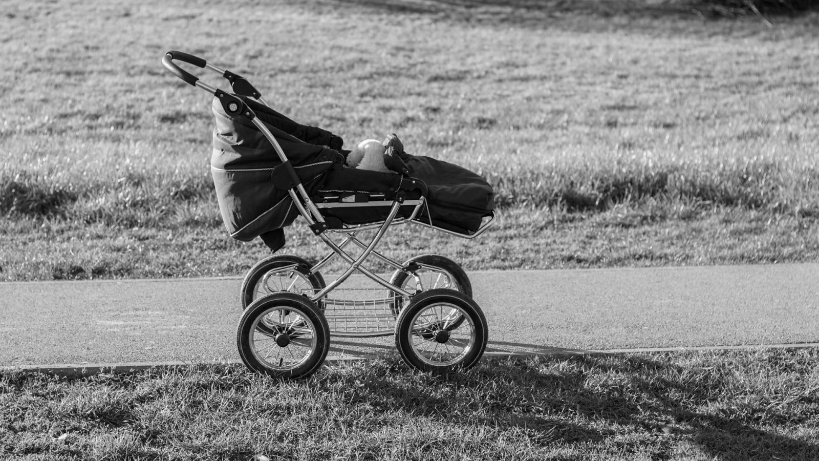 Black and white photo of a stroller on a rural path in Croatia's Bjelovarsko-bilogorska region.