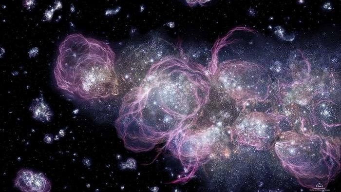Artist’s conception of early star formation. The first stars may have formed as early as 100 million years after the big bang, when dense clouds of hydrogen and helium collapsed under their own gravitational pull. Once the pressure and temperature were high enough, hydrogen atoms began to fuse together, releasing energy in the form of light. CREDIT NASA, STScI/A. Schaller