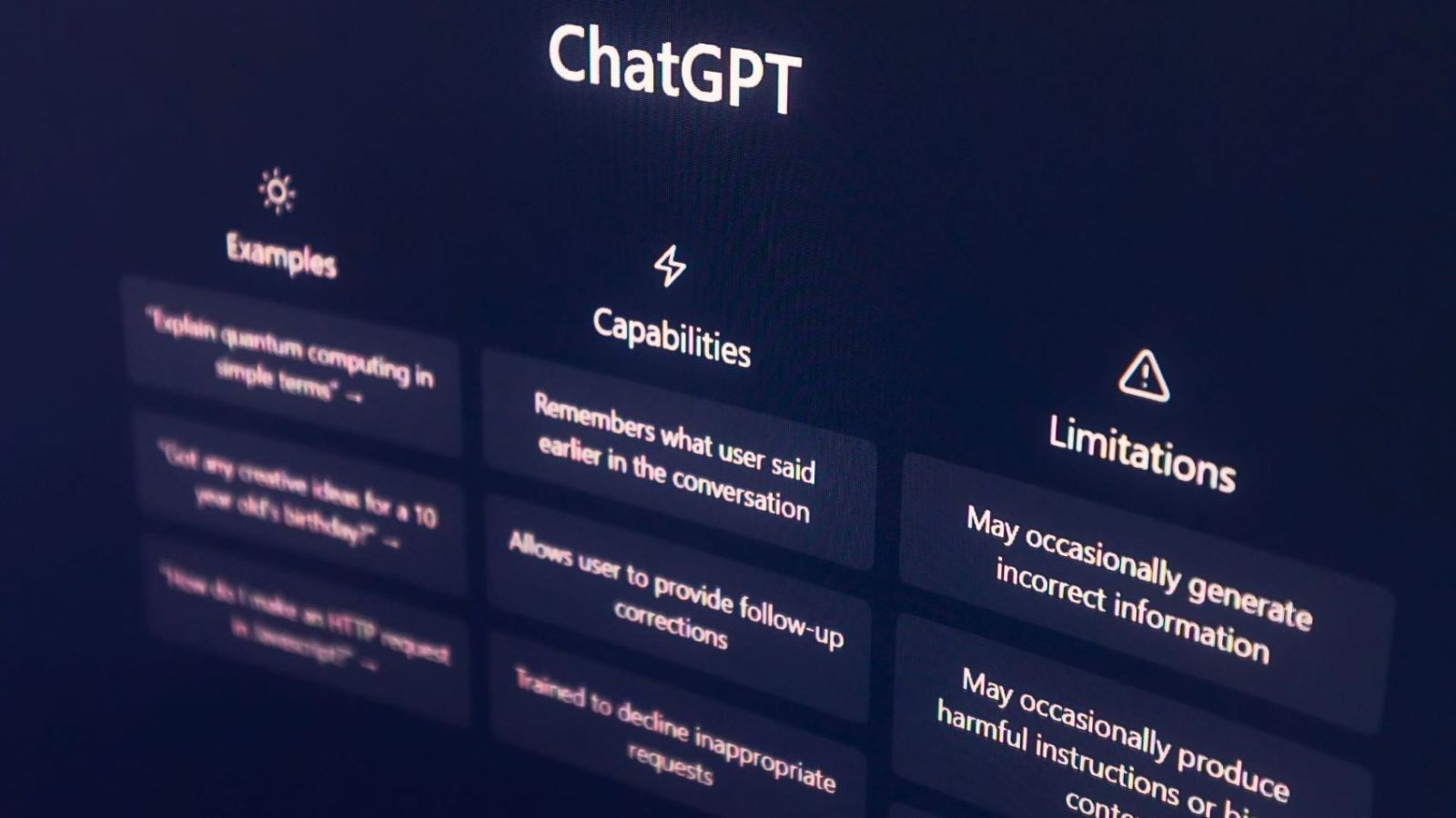 High-resolution image of ChatGPT interface displayed on a monitor, highlighting its capabilities and limitations. New research suggests Even the Best AI Chatbots Offer Less Diverse Information Than Web Search