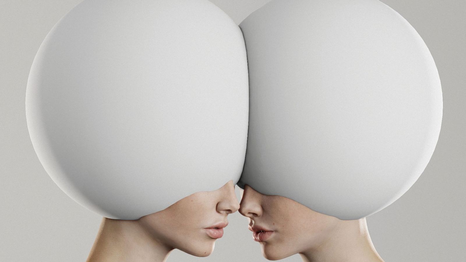 Creative surreal art featuring two women with large spherical white headwear touching foreheads.
