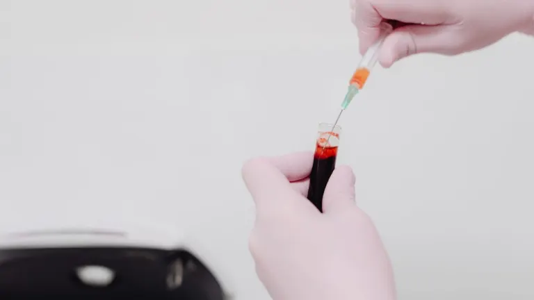 Lab technician using a syringe to handle a blood sample. Medical analysis concept.