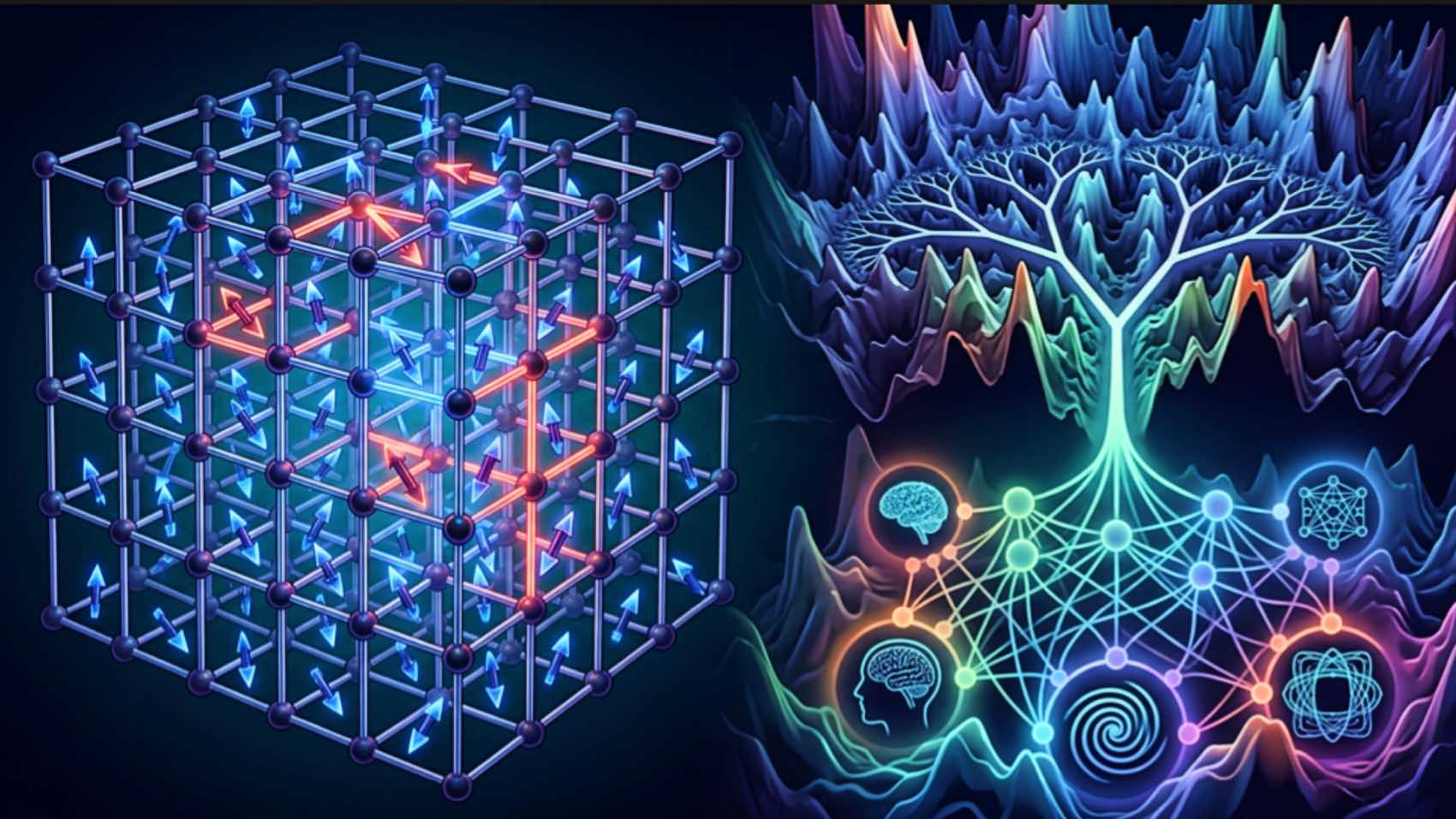 A visual representation of spin glass physics, showing a lattice of frustrated, disordered magnetic spins alongside the rugged energy landscape and interconnected networks that define its complex behavior.