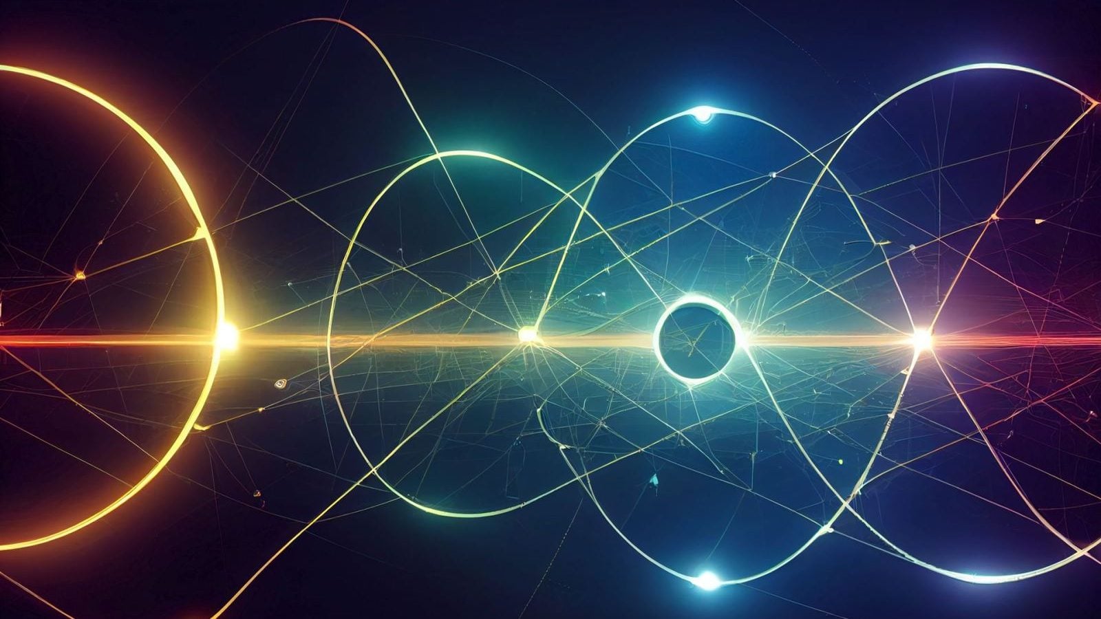 Vibrant and dynamic abstract light trails with circular patterns on a dark backdrop.